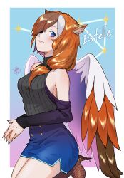 Rule 34 | 1girl, absurdres, animal ears, animal feet, artist name, bare shoulders, bird legs, bird wings, black sweater, blue background, blue eyes, blue skirt, brown hair, brown wings, claws, closed mouth, clothing cutout, colored inner hair, commission, estelle (cieluscian), feathered wings, gradient background, hair over one eye, hair over shoulder, hands up, harpy, high-waist skirt, highres, kneeling, long hair, long sleeves, looking at viewer, low-tied long hair, miniskirt, monster girl, multicolored eyes, multicolored hair, one eye covered, original, own hands together, pink eyes, purple background, purple hair, purple wings, second-party source, shirt, shoulder cutout, skeb commission, skirt, sleeveless, smile, solo, streaked hair, sweater, tokitou fuji, turtleneck, turtleneck sweater, white shirt, white wings, wings