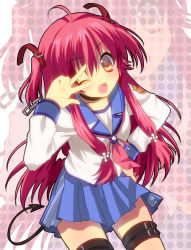Rule 34 | 10s, 1girl, ;d, ahoge, angel beats!, belt, choker, colorized, cross, demon tail, fang, kawano (sata), long hair, one eye closed, open mouth, pink eyes, pink hair, sacraneco, school uniform, serafuku, short twintails, skirt, smile, solo, tail, thigh strap, twintails, two side up, v over eye, wink, yui (angel beats!), zoom layer