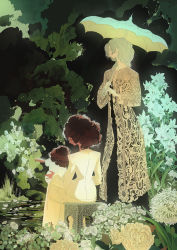Rule 34 | 3girls, absurdres, antonio-reinhard, bench, brown hair, child, flower, from behind, highres, jacket, leaf, lily pad, long sleeves, multiple girls, original, outdoors, pants, plant, profile, reflection, short sleeves, sitting, standing, umbrella, water lily flower, white hair, white jacket, white pants