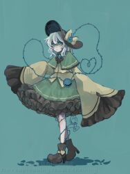 1girl aqua_background aqua_eyes black_bow black_bowtie black_footwear black_hat blue_background blue_flower blue_rose boots bow bowtie cape capelet closed_mouth flower frilled_capelet frilled_skirt frilled_sleeves frills full_body green_cape hair_bow hat hat_flower komeiji_koishi looking_at_viewer medium_hair namako232 rose simple_background skirt solo third_eye thorns touhou white_hair yellow_bow