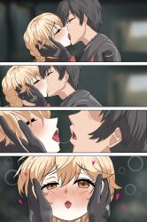 1boy 1girl absurdres black_gloves blonde_hair blush braid brown_eyes commander_(girls&#039;_frontline) commentary english_commentary french_kiss girls&#039;_frontline girls&#039;_frontline_2:_exilium gloves groza_(girls&#039;_frontline_2) gudakoguda heart hetero highres kiss long_hair looking_at_viewer open_mouth ots-14_(girls&#039;_frontline) pov