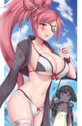 Rule 34 | 2girls, ^^^, amputee, arrow (symbol), bags under eyes, baiken, beach, big hair, bikini, black cloak, black hair, black jumpsuit, blue sky, blush, bolt (hardware), breasts, cleavage, cloak, cloud, commentary request, cowboy shot, cropped jacket, day, delilah (guilty gear), dress, eyepatch, facial mark, facial tattoo, groin, guilty gear, guilty gear strive, hair between eyes, hair ribbon, highres, holding, holding umbrella, jacket, jumpsuit, large breasts, layered bikini, long hair, long sleeves, looking at viewer, multiple girls, navel, notice lines, one-eyed, open clothes, open jacket, open mouth, pink hair, ponytail, print jacket, red eyes, ribbon, scar, scar across eye, scar on face, short hair, sidelocks, skindentation, sky, soukitsu, standing, stomach, sundress, swimsuit, tattoo, thigh strap, umbrella, underboob, white bikini, white dress