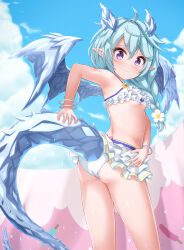 Rule 34 | 1girl, absurdres, ass, bikini, blue hair, blue horns, blue tail, blue wings, bracelet, braid, breasts, closed mouth, dragon horns, dragon tail, dragon wings, frilled bikini, frills, gplnbeat, hair between eyes, highres, horns, jewelry, looking at viewer, princess connect!, purple eyes, sheffy (princess connect!), single braid, small breasts, solo, swimsuit, tail, white bikini, wings
