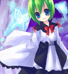 Rule 34 | 1girl, antennae, asahina, blue eyes, blush, bow, bowtie, closed mouth, cowboy shot, dress, female focus, green hair, long sleeves, looking at viewer, red bow, red bowtie, short hair, smile, solo, tareme, touhou, white dress, wriggle nightbug