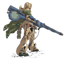Rule 34 | 1girl, cable, cloak, green cloak, gun, head tilt, highres, holding, holding gun, holding weapon, humanoid robot, looking at viewer, no humans, open hand, orange eyes, original, robot, solo, weapon, white background, yashima (ds-drive)