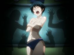 Rule 34 | blush, breasts, collarbone, covering privates, covering breasts, embarrassed, closed eyes, highres, kanoe kirie, navel, open mouth, panties, shadow, stitched, tasogare otome x amnesia, third-party edit, topless, underwear