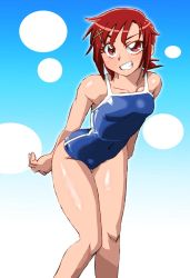 Rule 34 | 10s, 1girl, competition school swimsuit, grin, hino akane (smile precure!), one-piece swimsuit, onnaski, precure, red eyes, red hair, school swimsuit, short hair, smile, smile precure!, swimsuit