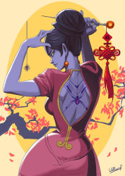 Rule 34 | 1girl, adjusting hair, alternate costume, alternate hair length, alternate hairstyle, arms up, back, back tattoo, backless outfit, breasts, china dress, chinese clothes, colored skin, commentary, dress, earrings, hair bun, hair ornament, hairpin, highres, jewelry, looking back, medium breasts, narrow waist, overwatch, overwatch 1, ponytail, purple lips, purple skin, red dress, single hair bun, solo, tattoo, wallace pires, widowmaker (overwatch), yellow eyes