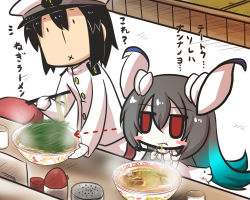 Rule 34 | 10s, 1boy, 1girl, :x, abyssal ship, admiral (kancolle), anchorage water oni, black hair, blue hair, blush, blush stickers, bowl, chibi, chopsticks, comic, commentary request, counter, cup, dress, eating, elbow gloves, epaulettes, food, gloves, goma (gomasamune), grass, grey hair, hat, horns, kantai collection, long hair, looking to the side, military, military hat, military uniform, multicolored hair, noodles, peaked cap, pointer, ramen, red eyes, sleeveless, sleeveless dress, spring onion, stool, text focus, translated, uniform, yunomi