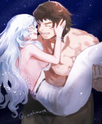 Rule 34 | 1boy, 1girl, ^ ^, artemis (fate), bare pectorals, bare shoulders, bracelet, breasts, brown hair, carrying, closed eyes, couple, dress, closed eyes, fate/grand order, fate (series), hetero, highres, jewelry, long hair, makimura (miwmiw-cage), medium breasts, super orion (fate), pectorals, princess carry, sideboob, smile, twitter username, white dress, white hair