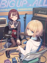 Rule 34 | 2girls, amplifier, black footwear, blonde hair, blue eyes, braid, brown hair, chair, closed eyes, closed mouth, commentary, earrings, effects pedal, electric guitar, guitar, hand on own knee, hand up, highres, holding, holding instrument, hood, hood down, hoop earrings, instrument, jewelry, kaito (k4itoh), knees together feet apart, loafers, long sleeves, looking back, marshall, microphone stand, multiple girls, on chair, original, pantyhose, parted lips, pleated skirt, sailor collar, school uniform, serafuku, shoes, short hair, sitting, skirt, smile, symbol-only commentary