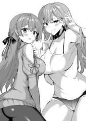 2girls blush bow bra_strap braid bralines clothing_cutout dress from_behind greyscale grin hair_bow highres long_hair long_sleeves looking_at_viewer micro_shorts monochrome multiple_girls sanshoku_amido shorts shoulder_cutout simple_background smile sweater sweater_dress white_background