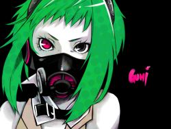 Rule 34 | 1girl, black eyes, drahtpuppe, face, gas mask, goggles, goggles on head, green hair, gumi, heterochromia, mask, red eyes, respirator, short hair, solo, vocaloid