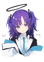 Rule 34 | 1girl, absurdres, black jacket, blue archive, blue necktie, blush, collared shirt, cropped torso, halo, head tilt, highres, jacket, looking at viewer, multicolored hair, necktie, off shoulder, open clothes, open jacket, parted lips, purple eyes, purple hair, shirt, signature, simple background, sofra, solo, translation request, twitter username, two-tone hair, upper body, watermark, white background, white jacket, white shirt, yuuka (blue archive)