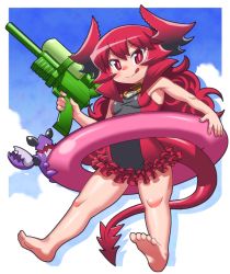 Rule 34 | 1girl, :q, barefoot, breasts, crab, curly hair, demon girl, demon horns, demon tail, frilled swimsuit, frills, horns, innertube, long hair, maou beluzel, matsuda yuusuke, nise maou kanizeru, one-piece swimsuit, red eyes, red hair, small breasts, solo focus, summer, swim ring, swimsuit, tail, toes, tongue, tongue out, water gun, yuusha to maou