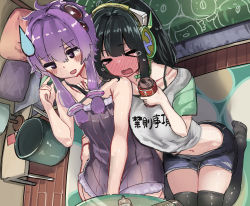 Rule 34 | &gt; &lt;, 2girls, :d, bare arms, bare shoulders, black hair, black thighhighs, blush, breasts, can, clothes writing, dress, flat chest, full-face blush, hair between eyes, hair intakes, hair ornament, hand on another&#039;s neck, hand under clothes, hand up, headphones, holding, holding can, indoors, kyoumachi seika, lamp, long hair, low twintails, medium breasts, microa, multiple girls, navel, open mouth, purple dress, purple eyes, purple hair, short sleeves, sitting, smile, sweatdrop, table, tears, thighhighs, trash can, twintails, vocaloid, voiceroid, wariza, wavy mouth, wooden floor, yuzuki yukari, zettai ryouiki