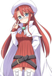 Rule 34 | 1girl, absurdres, aikawa ryou, aty (summon night), belt, black belt, blue eyes, blush, boots, breasts, commentary request, gem, glasses, hat, highres, large breasts, long hair, long sleeves, looking at viewer, red hair, simple background, smile, solo, summon night, summon night 3, sweater, thigh boots, thighhighs, white background, white footwear, white hat, white thighhighs