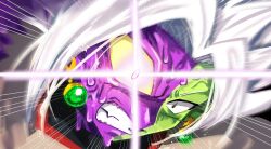 Rule 34 | 1boy, anger vein, angry, black bodysuit, bodysuit, clenched teeth, colored sclera, colored skin, dragon ball, dragon ball super, earrings, fused zamasu, glowing, glowing eye, green skin, grey eyes, heterochromia, highres, jewelry, looking at viewer, melting, mismatched pupils, mismatched sclera, multicolored skin, mutation, pointy ears, potara earrings, purple eyes, purple skin, rz pasta, sharp teeth, solo, spiked hair, teeth, thumbnail collage, white hair, yellow sclera