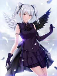 Rule 34 | 10s, 1girl, angel wings, bare shoulders, diffraction spikes, dress, drill hair, elbow gloves, feathers, gloves, highres, idolmaster, idolmaster cinderella girls, kanzaki ranko, long hair, looking at viewer, nayuta69, open mouth, red eyes, rosenburg engel, silver hair, smile, solo, twin drills, twintails, wings