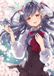 Rule 34 | 1girl, ahoge, black dress, blouse, blurry, blurry background, blurry foreground, bow, bowtie, breasts, depth of field, dress, flower, flower ring, hair flower, hair ornament, hair ribbon, hand on own chest, hand up, head tilt, long hair, looking at viewer, natsume eri, open mouth, original, petals, pinafore dress, purple hair, red bow, red bowtie, red eyes, ribbon, shirt, sidelocks, sleeveless dress, small breasts, smile, solo, two side up, white flower, white shirt, wind