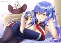 Rule 34 | 1girl, absurdres, aichi val, azur lane, bed, bird, breasts, chibi, crying, crying with eyes open, cupboard, doll, essex (azur lane), food, fruit, hand on own face, highres, keyhole, large breasts, lemon, lying, necktie, on bed, on side, open mouth, orange eyes, pantyhose, purple hair, stuffed toy, table, tears, twintails
