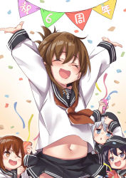 Rule 34 | 4girls, ^ ^, akatsuki (kancolle), anchor symbol, arms up, banner, black sailor collar, black skirt, blue eyes, blush, brown eyes, brown hair, chestnut mouth, closed eyes, commentary request, confetti, ebifurya, fang, flat cap, folded ponytail, hair between eyes, hair ornament, hairclip, hat, hibiki (kancolle), highres, ikazuchi (kancolle), inazuma (kancolle), kantai collection, long hair, long sleeves, midriff, multiple girls, navel, neckerchief, o/, one eye closed, open mouth, outstretched arms, party popper, pleated skirt, purple eyes, purple hair, red neckerchief, sailor collar, school uniform, serafuku, shirt, silver hair, simple background, skirt, smile, white shirt