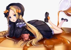 Rule 34 | 1girl, abigail williams (fate), black bow, black dress, black footwear, black hat, blonde hair, bloomers, blue eyes, bow, bug, butterfly, dress, fate/grand order, fate (series), food, forehead, hair bow, hands up, hane yuki, hat, head tilt, highres, insect, legs up, long hair, long sleeves, looking at viewer, lying, mary janes, on stomach, open mouth, orange bow, oversized food, oversized object, pancake, parted bangs, polka dot, polka dot bow, shoe soles, shoes, sleeves past fingers, sleeves past wrists, solo, stuffed animal, stuffed toy, syrup, teddy bear, underwear, very long hair, white background, white bloomers