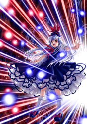 Rule 34 | 1girl, attack, blue hair, danmaku, dress, female focus, hat, hexagram, kamishirasawa keine, magic circle, multicolored hair, open mouth, outstretched arms, sato-pon, silver hair, socks, solo, spread arms, touhou