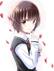 Rule 34 | 10s, 1girl, blush, brown eyes, brown hair, commentary request, crossdressing, falling petals, finger to mouth, fingernails, from side, hands up, heart-shaped petals, highres, index finger raised, juliet persia, julio (kishuku gakkou no juliet), kishuku gakkou no juliet, long sleeves, looking at viewer, looking to the side, natsupa, necktie, petals, red necktie, red petals, reverse trap, shirt, short hair, sleeves past wrists, smile, solo, sweater vest, upper body, white shirt