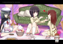 Rule 34 | 3girls, animalization, bear, cat, couch, cup, drinking, feeding, heart, kantai collection, kiso (kancolle), kitakami (kancolle), kuma (kancolle), letterboxed, mocchisake, multiple girls, ooi (kancolle), parody, pillow, pun, saucer, season connection, table, tama (kancolle), teacup, teapot, title parody, yuri, yuri kuma arashi