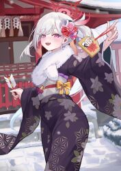 1girl absurdres arrow_(projectile) blue_archive blush halo highres japanese_clothes kimono mutsuki_(blue_archive) pongdo purple_eyes red_halo scarf snow solo standing twitter white_hair