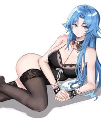 Rule 34 | 1girl, azur lane, babydoll, bilei, black camisole, black thighhighs, blue eyes, blue hair, breasts, camisole, cleavage, closed mouth, commentary, cowboy shot, detached collar, hair flaps, highres, lace-trimmed collar, lace trim, large breasts, light blue hair, long hair, looking at viewer, lying, official alternate costume, on side, own hands together, parted bangs, simple background, sleeveless, smile, solo, sovetskaya belorussiya (azur lane), sovetskaya belorussiya (relaxation stratagem) (azur lane), spaghetti strap, thighhighs, white background, wrist cuffs
