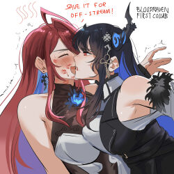 2girls asymmetrical_docking asymmetrical_horns black_hair blue_hair breast_press breasts closed_eyes colored_inner_hair commentary demon_horns earrings elizabeth_rose_bloodflame elizabeth_rose_bloodflame_(1st_costume) english_commentary english_text highres hololive hololive_english horns jewelry kiss large_breasts lipstick_mark lipstick_mark_on_face long_hair mole mole_under_eye multicolored_hair multiple_girls nerissa_ravencroft nerissa_ravencroft_(1st_costume) red_eyes set7 two-tone_hair virtual_youtuber yuri