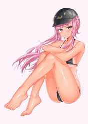 Rule 34 | 1girl, absurdres, andy2465, bare legs, barefoot, bikini, black bikini, black headwear, blunt bangs, blush, breasts, collarbone, commentary, crossed arms, english commentary, feet, grey background, highres, hololive, hololive english, knees together feet apart, knees up, legs, long hair, long legs, micro bikini, mori calliope, one-piece tan, pink eyes, pink hair, shadow, sideboob, sidelocks, smile, solo, swimsuit, tan, tanline, thighs, toes, underboob, virtual youtuber