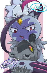 Rule 34 | absurdres, cheek squash, commentary request, creatures (company), eyelashes, fang, game freak, gen 3 pokemon, gen 8 pokemon, highres, holding, holding pokemon, kotobukkii (yt lvlv), nintendo, no humans, on head, open mouth, pokemon, pokemon (creature), pokemon on head, poochyena, red eyes, sneasler, snom, sweat, tongue