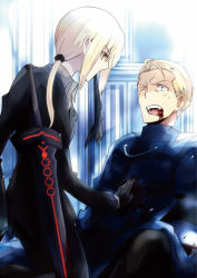 Rule 34 | 1boy, 1girl, artoria pendragon (all), artoria pendragon (fate), blonde hair, blood, blood in mouth, blue eyes, excalibur morgan (fate), fate/stay night, fate/zero, fate (series), formal, kayneth archibald el-melloi, long hair, nogi (acclima), pant suit, pants, ponytail, saber (fate), saber alter, suit, sword, weapon, wince