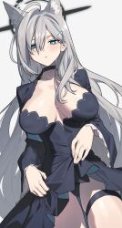 Rule 34 | 1girl, absurdres, ahoge, airseal, animal ears, black choker, black dress, black panties, blue archive, blue eyes, breasts, cameltoe, choker, cleavage, clothes lift, collarbone, covered erect nipples, cowboy shot, dress, dress lift, extra ears, grey background, grey hair, halo, highres, large breasts, lifted by self, long hair, long sleeves, looking at viewer, mismatched pupils, panties, parted lips, shiroko (blue archive), shiroko terror (blue archive), simple background, solo, thigh strap, underwear, upskirt, very long hair, wolf ears