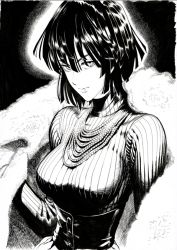 Rule 34 | 1girl, breasts, corset, eyelashes, fubuki (one-punch man), greyscale, jewelry, large breasts, light smile, lips, long sleeves, looking at viewer, monochrome, murata yuusuke, necklace, one-punch man, ribbed sweater, sash, short hair, smile, solo, sweater, turtleneck