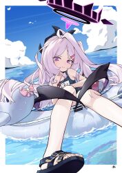 Rule 34 | 1girl, absurdres, black footwear, black halo, black horns, black wings, blue archive, blue one-piece swimsuit, blue sky, bow, closed mouth, cloud, day, flat chest, halo, highres, hina (blue archive), hina (swimsuit) (blue archive), hjrh5727, horns, legs, long hair, looking at viewer, ocean, official alternate costume, old school swimsuit, one-piece swimsuit, outdoors, pink bow, purple eyes, sandals, school swimsuit, sky, solo, swimsuit, toenails, toes, whistle, whistle around neck, white hair, wings