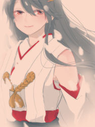 Rule 34 | 10s, 1girl, bad id, bad pixiv id, black hair, brown eyes, deco (geigeki honey), detached sleeves, half-closed eyes, happy, haruna (kancolle), kantai collection, long hair, looking at viewer, nontraditional miko, smile, solo, wind
