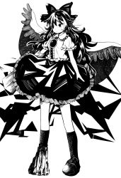 Rule 34 | 1girl, arm cannon, asymmetrical footwear, bird wings, bow, cape, center frills, closed mouth, frilled skirt, frills, full body, greyscale, hair bow, hanokami, highres, long hair, mismatched footwear, monochrome, reiuji utsuho, shirt, skirt, solo, standing, starry sky print, third eye, touhou, weapon, wings