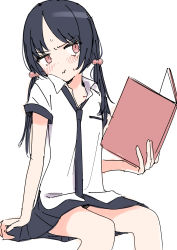 Rule 34 | 1girl, :t, absurdres, black hair, black necktie, black skirt, blush, book, closed mouth, collared shirt, feet out of frame, highres, holding, holding book, long hair, looking away, low twintails, necktie, omucchan (omutyuan), open book, original, parted bangs, pleated skirt, pout, red eyes, shirt, short sleeves, simple background, sitting, skirt, solo, sweat, tears, twintails, v-shaped eyebrows, white background, white shirt