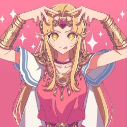 Rule 34 | 1girl, arms up, belt, blonde hair, bracelet, closed mouth, double v, earrings, elf, gold bracelet, highres, hoshino ai&#039;s pose, jewelry, long hair, looking at viewer, miri (cherryjelly), necklace, nintendo, oshi no ko, parody, pink theme, pointy ears, princess zelda, short sleeves, simple background, solo, the legend of zelda, the legend of zelda: a link between worlds, tiara, tongue, tongue out, v, yellow eyes