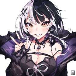 Rule 34 | 1girl, absurdres, black choker, black coat, black dress, black gloves, black hair, black nails, breasts, chest belt, choker, cleavage, coat, dress, fur-trimmed coat, fur trim, gloves, hayate fish, highres, hololive, hololive english, jewelry, lace-trimmed choker, lace trim, large breasts, long hair, looking at viewer, medium hair, multicolored hair, nail polish, ring, scissors, shiori novella, shiori novella (1st costume), smile, solo, split-color hair, striped clothes, striped gloves, very long hair, virtual youtuber, white background, white hair, yellow eyes, yorick (shiori novella)