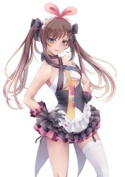 Rule 34 | 1girl, aira (qwedcxza49), bandeau, black bow, black choker, black skirt, bow, breasts, brown hair, choker, cosplay, criss-cross halter, floating hair, garter straps, gloves, green eyes, grey gloves, grin, hair bow, hairband, halterneck, hands on own hips, highres, kizuna ai, kizuna ai inc., layered gloves, layered skirt, long hair, looking at viewer, maid headdress, medium breasts, miniskirt, multicolored clothes, multicolored hair, multicolored skirt, necktie, pink hair, pink hairband, pink skirt, simple background, single thighhigh, skirt, smile, solo, standing, thighhighs, tomari mari, tomari mari (cosplay), tomari mari channel, twintails, two-tone hair, underboob, underbust, very long hair, virtual youtuber, white background, white bandeau, white thighhighs, yellow necktie