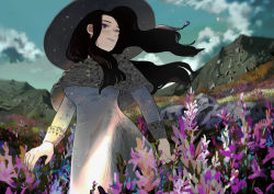 Rule 34 | 1girl, black hair, blue eyes, blue sky, capelet, day, dress, flower, grey dress, hat, long hair, looking to the side, majo (mazyomazyo), mountainous horizon, original, outdoors, sky, standing, wind, witch hat