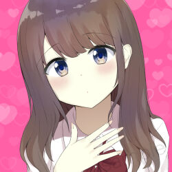 Rule 34 | 1girl, 7 calpis 7, blush, bow, brown hair, clip studio paint (medium), closed mouth, collared shirt, commentary request, dress shirt, grey eyes, hand up, heart, heart background, long hair, looking at viewer, original, pink background, red bow, sample watermark, sampo koski, school uniform, shirt, simple background, solo, upper body, watermark, white shirt