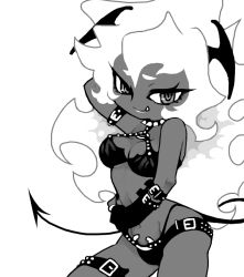 Rule 34 | 10s, 1girl, arm up, bad drawr id, bad id, breasts, chibi, choker, cleavage, demon girl, demon tail, drawr, eyelashes, fang, fang out, greyscale, horns, long hair, midriff, monochrome, oekaki, panty &amp; stocking with garterbelt, scanty (psg), simple background, solo, stomach, tail, thigh strap, white background, zugvogel