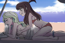 Rule 34 | 1futa, 1girl, aftersex, bad id, bad pixiv id, beach, bikini, blanket, blonde hair, blue eyes, blush, breasts, brown hair, couple, cum, diana cavendish, futa with female, futanari, groping, happy, highres, kagari atsuko, little witch academia, long hair, looking at another, lotion, macartura08, moaning, multicolored hair, multiple girls, ocean, open mouth, penis, red eyes, sand, smile, swimsuit, two-tone hair, water, wavy hair
