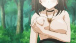 Rule 34 | 1girl, ageha (omamori himari), animated, animated gif, grabbing another&#039;s breast, breasts, brown hair, deep skin, grabbing, green eyes, jewelry, large breasts, licking lips, necklace, no bra, no nipples, omamori himari, grabbing own breast, solo, sweat, tongue, tongue out
